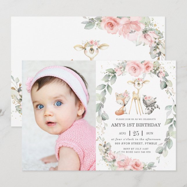 Woodland Animals Pink Floral Wreath Birthday Photo Invitation (Front/Back)