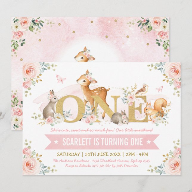 Woodland Animals Pink Gold Floral 1st Birthday Invitation (Front/Back)
