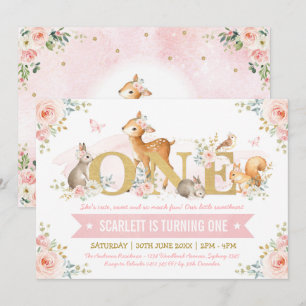 Woodland Animals Pink Gold Floral 1st Birthday Invitation