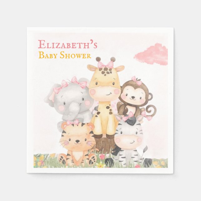 Woodland Animals | Pink Painted Girl Baby Shower Napkin (Front)