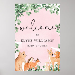 Woodland Animals Pink Welcome Sign Poster