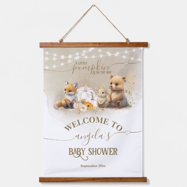 Woodland Animals Pumpkin Fall Baby Shower welcome Hanging Tapestry (Front)