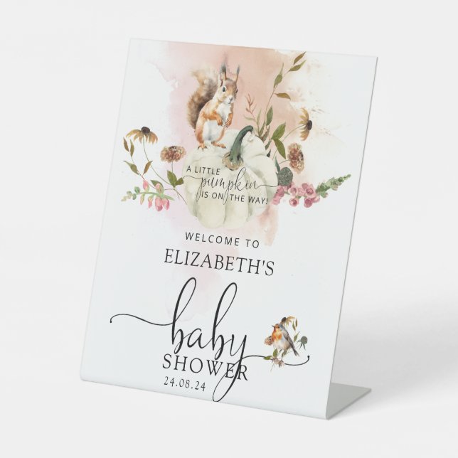 Woodland Animals Pumpkin Fall Baby Shower Welcome  Pedestal Sign (Front)