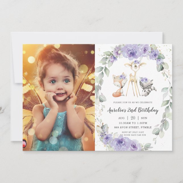 Woodland Animals Purple Floral Greenery Birthday Invitation (Front)
