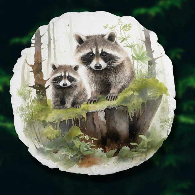 Woodland Animals Raccoons Nursery Kids Room Decor Round Cushion (Woodland Animals Raccoons Nursery Kids Room Decor Round Pillow)