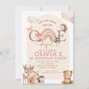 Woodland Animals Rainbow Onederful Birthday  Invitation