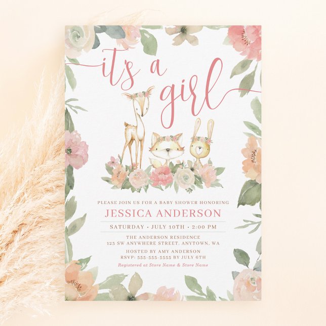 Woodland Animals Rustic Floral Girl Baby Shower Invitation (Creator Uploaded)