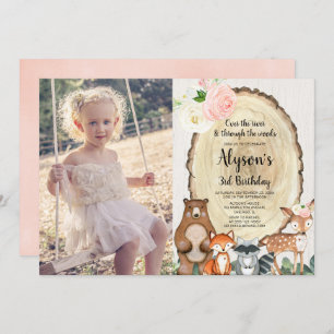Woodland animals rustic floral girl birthday photo invitation