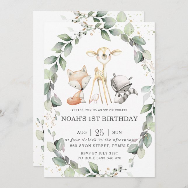 Woodland Animals Rustic Greenery Leafy Birthday Invitation (Front/Back)