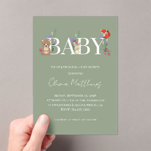 Woodland Animals Sage Green Baby Shower Acrylic Invitations