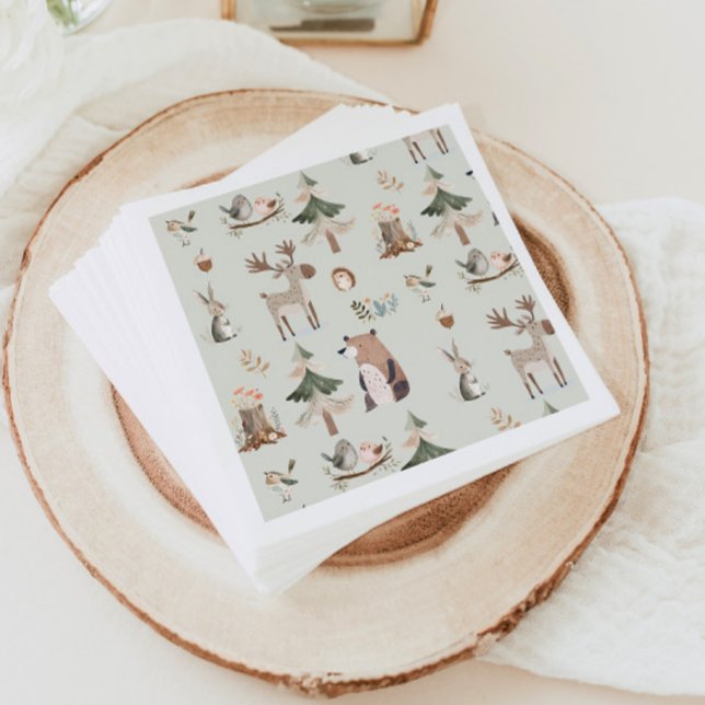 Woodland animals sage green rustic Baby Shower Napkin (Creator Uploaded)