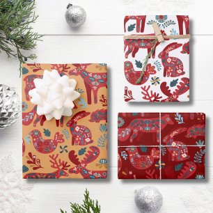 Woodland Animals Scandinavian Folk Art Christmas Wrapping Paper Sheet