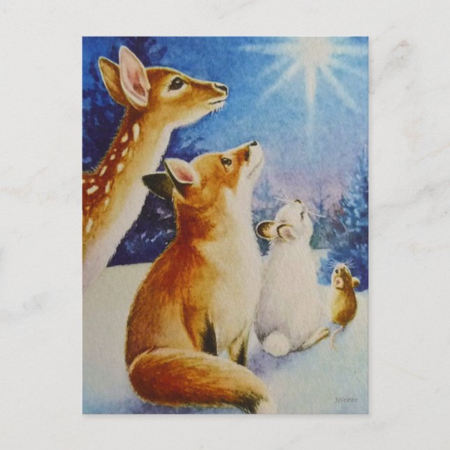 Woodland Animals See Christmas Star Watercolor Art Postcard (Front)