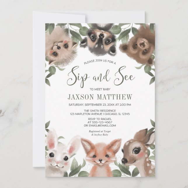 Woodland animals Sip and See meet baby boy Invitation (Front)