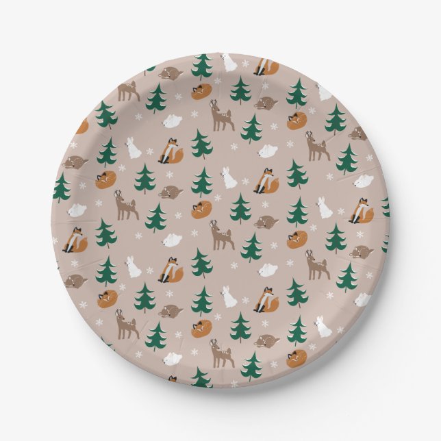 Woodland Animals Snow Covered Trees Pattern Paper Plate (Front)