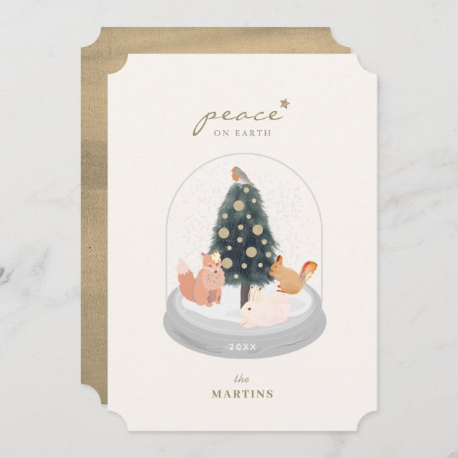 Woodland Animals Snow Globe Gold Christmas Card (Front/Back)