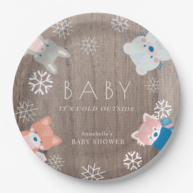 Woodland Animals Snowflake Wood Baby Shower Paper Plate (Front)