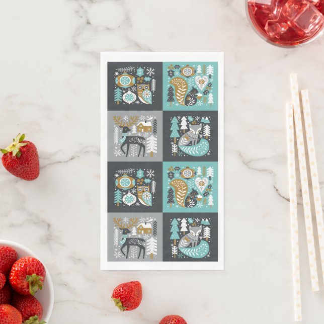 Woodland Animals Snowflakes Scandinavian Christmas Napkin (Insitu)