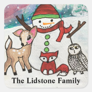 Woodland Animals Snowman Family Name Square Sticker