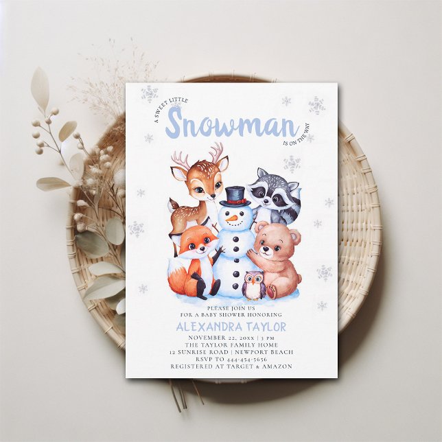 Woodland Animals Snowman Winter Boy Baby Shower Invitation (winter baby shower invitation boy woodland snowman cute characters watercolor illustration)