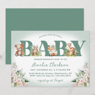 Woodland Animals Soft Green & Floral Baby Shower Invitation