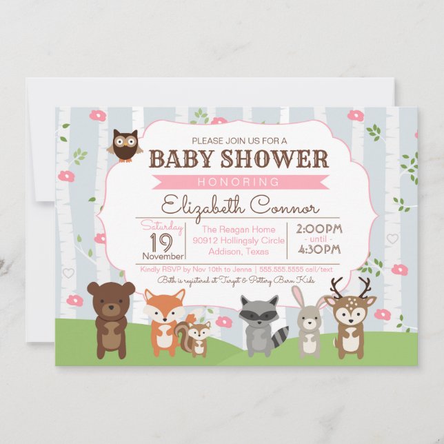 Woodland Animals Spring or Summer Girl Baby Shower Invitation (Front)