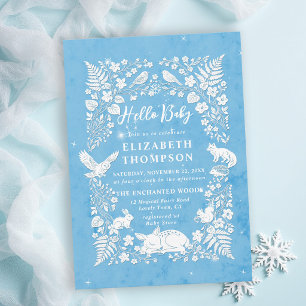 Woodland Animals Storybook Winter Blue Baby Shower Invitation