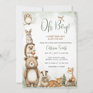  Woodland Animals Sweet Baby Boy Baby Shower Invitation