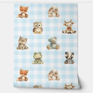 Woodland Animals Toys Blue Plaid Baby Boy Nursery Wallpaper
