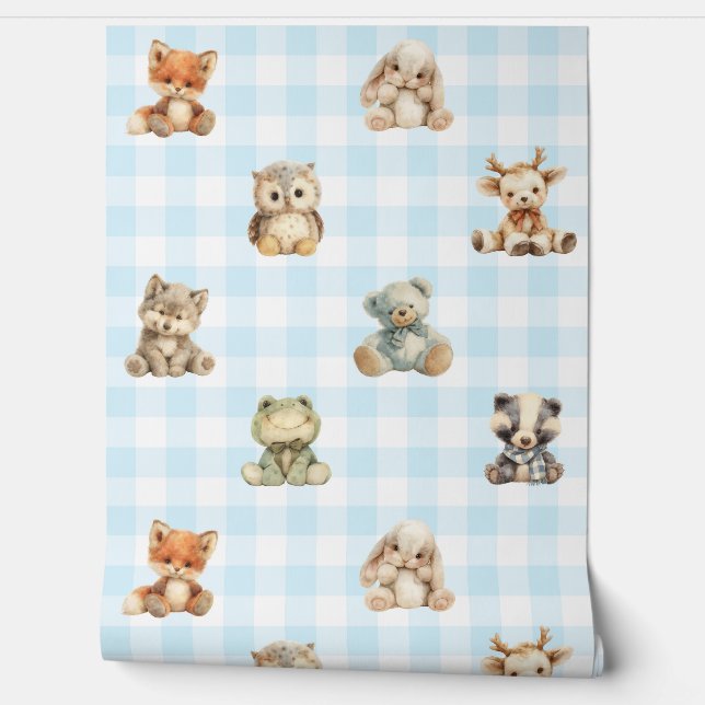 Woodland Animals Toys Blue Plaid Baby Boy Nursery Wallpaper (Unrolling)