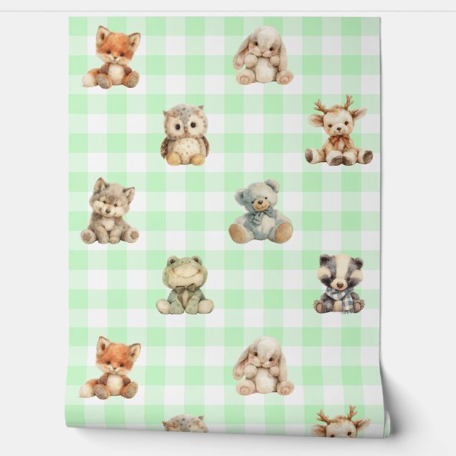 Woodland Animals Toys Green Plaid Baby Nursery Wallpaper (Unrolling)