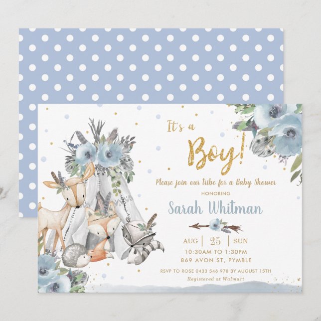 Woodland Animals Tribal Blue Gold Boy Baby Shower Invitation (Front/Back)