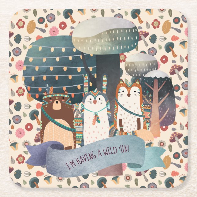 Woodland Animals - Tribal Wild One Customisable Square Paper Coaster (Front)