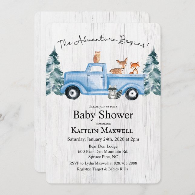 Woodland Animals Truck Baby Shower Invitation (Front/Back)
