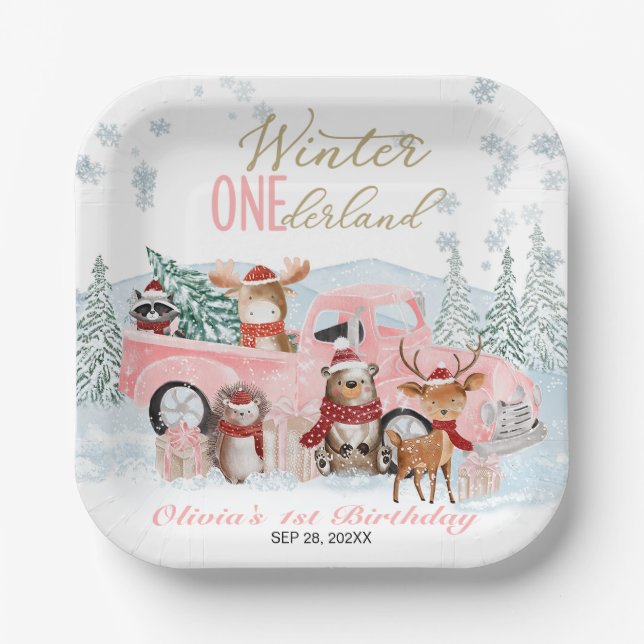 Woodland Animals Truck ONEderland 1st Birthday Paper Plate (Front)