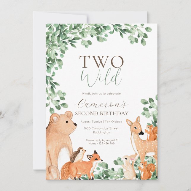 Woodland Animals Two Wild Second Birthday Invitation (Front)