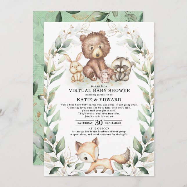Woodland Animals Virtual Baby Shower Greenery Gold Invitation (Front/Back)