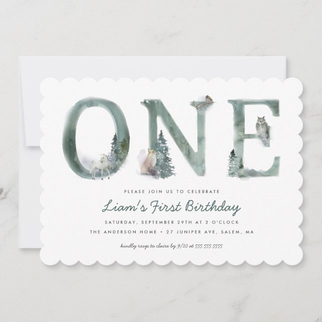 Woodland Animals Watercolor 1st Birthday Party Invitation (Front)