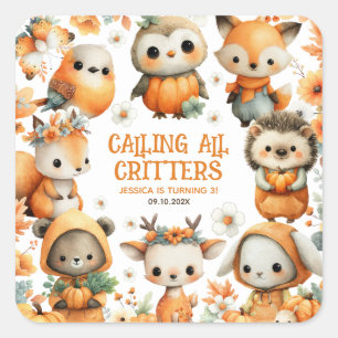Woodland Animals Watercolor Autumn Kids Birthday Square Sticker