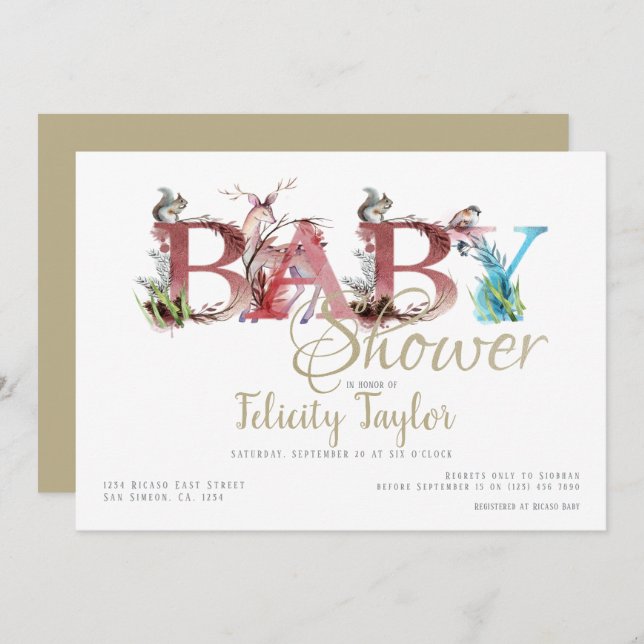 Woodland Animals Watercolor Baby Shower Invitation (Front/Back)