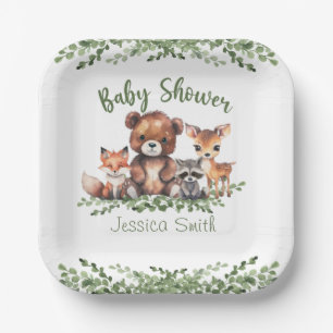 WOODLAND ANIMALS WATERCOLOR BABY SHOWER PAPER PLATE