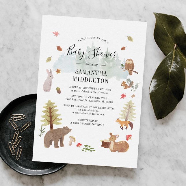 Woodland Animals Watercolor Boys Baby Shower Invitation (Woodland Animals Rustic Fall Baby Shower Invitation)