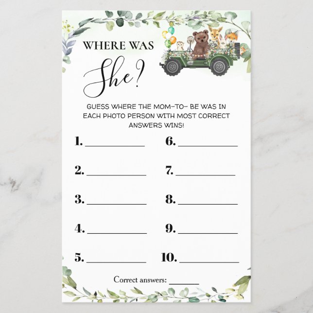 Woodland Animals Where was Mum Shower Game Card (Front)