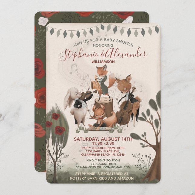 Woodland Animals Whimsical Watercolor Baby Shower  Invitation (Front/Back)