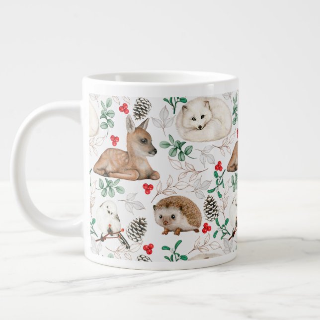 Woodland Animals, White Christmas pattern  Large Coffee Mug (Left)