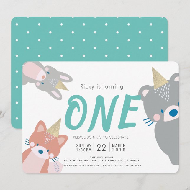 Woodland Animals White Teal Boy 1st Birthday Invitation (Front/Back)