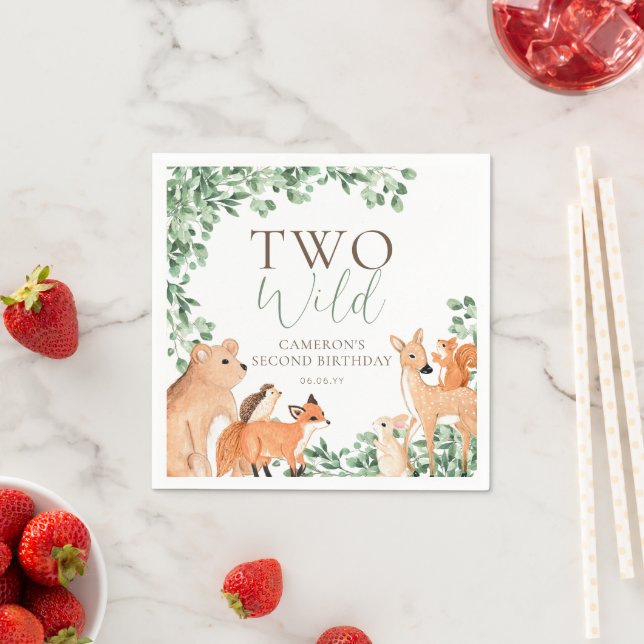 Woodland Animals White Two Wild Second Birthday Napkin (Insitu)