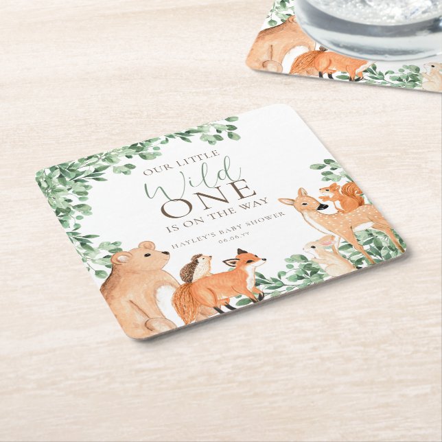 Woodland Animals White Wild One Baby Shower Square Paper Coaster (Angled)