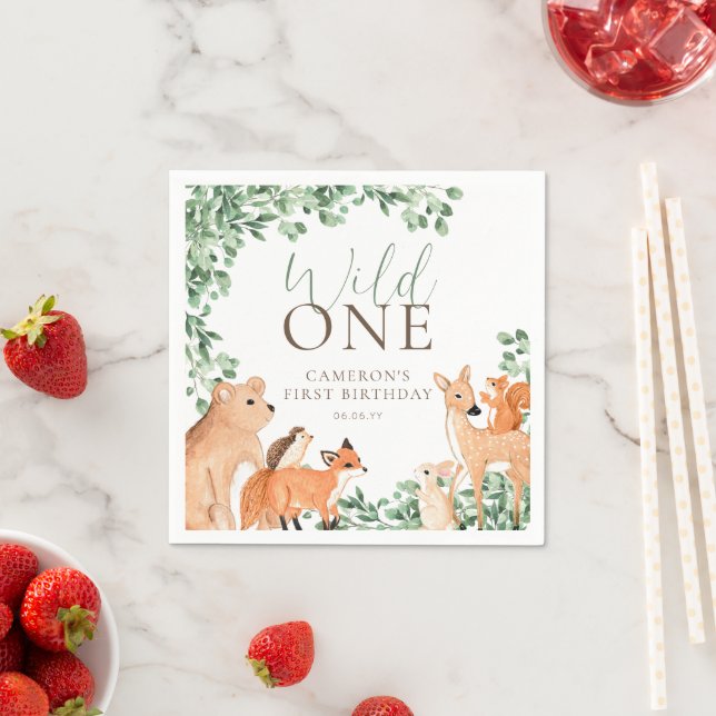 Woodland Animals White Wild One First Birthday Napkin (Insitu)