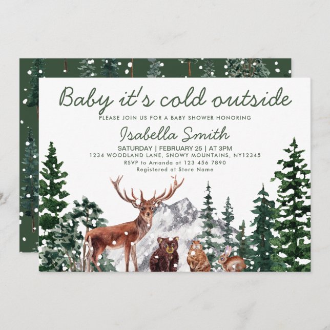 Woodland Animal's Winter Baby Shower Invitation (Front/Back)